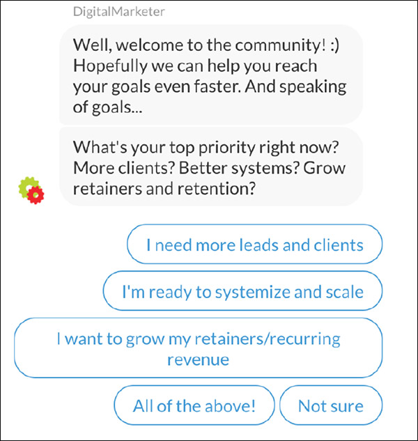 The DigitalMarketer bot asking what their top priority is and giving several prompts to choose from.